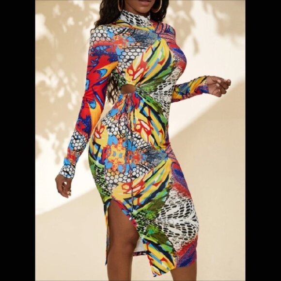 Geo & Graphic Print Cut Out Split Thigh Dress - Picture 1 of 4